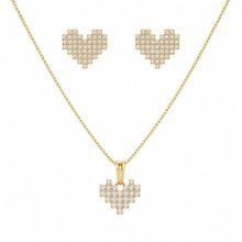 Kit Colar Brinco Coração Quadriculado Banho Ouro 18k