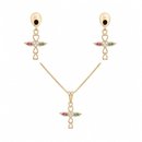 Conjunto Colar Brinco Cruz Pedras Coloridas Banho Ouro