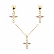Conjunto Colar Brinco Cruz Pedras Coloridas Banho Ouro