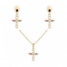 Conjunto Colar Brinco Cruz Pedras Coloridas Banho Ouro