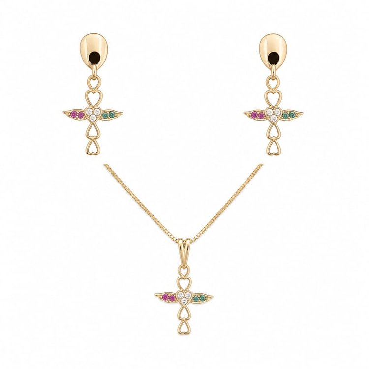 Conjunto Colar Brinco Cruz Pedras Coloridas Banho Ouro