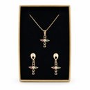 Conjunto Colar Brinco Cruz Pedras Coloridas Banho Ouro