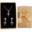 Conjunto Colar Brinco Cruz Pedras Coloridas Banho Ouro