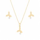 Conjunto Brincos Corrente Folhas Pedra Banho Ouro 18k