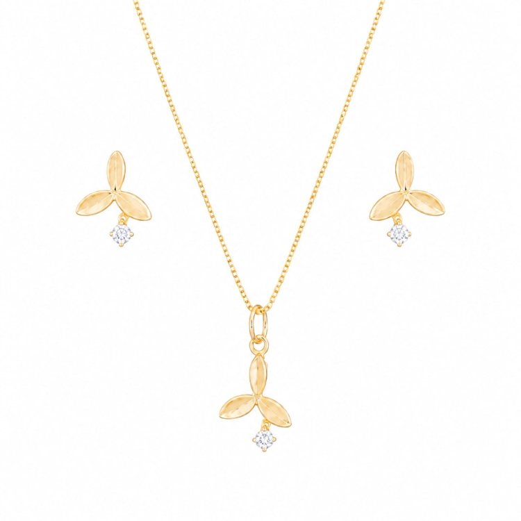 Conjunto Brincos Corrente Folhas Pedra Banho Ouro 18k