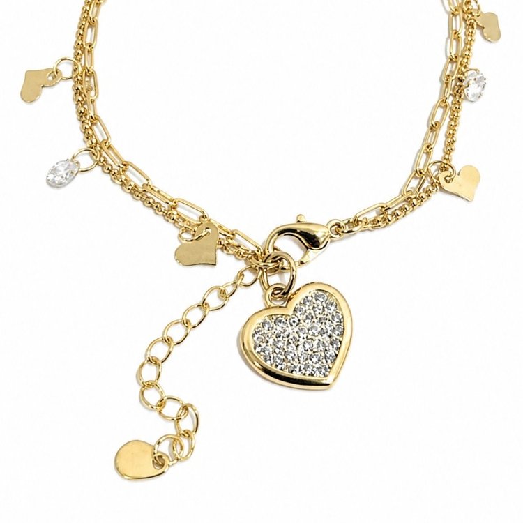 Pulseira Dupla Coração Cristais Zircônias Folheado 18k