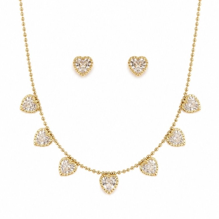 Conjunto Colar Brincos Coração Pedra Zircônia Banhado