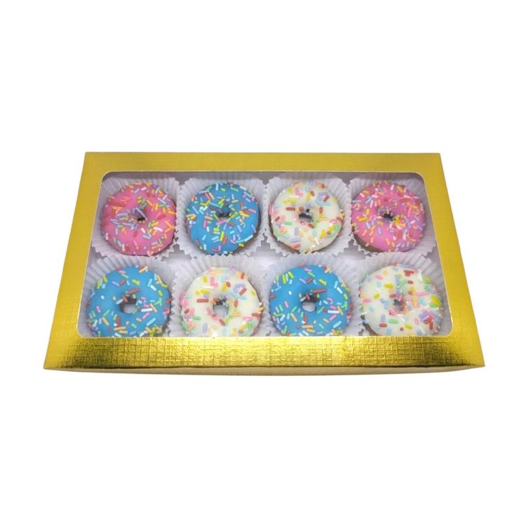 Caixa com 8 Mini Cake Donuts Coloridos e Confeitos