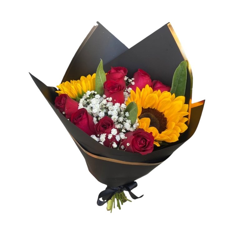 Buquê Paixão e Luz - Rosas com Girassóis