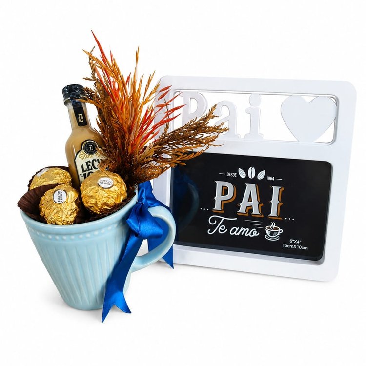 Caneca com Chocolates, Mini Vinho e Porta Retrato Pai
