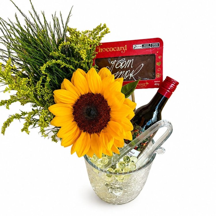 Balde de Gelo com Girassol e Mini Vinho e Chococard