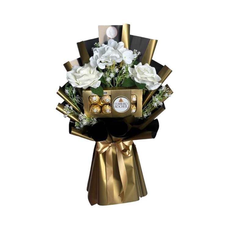 Buquê Luxo Com Ferrero Rocher e Flores Brancas
