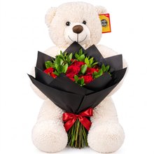 ursinho 80cm com buque de 12 rosas vermelhas