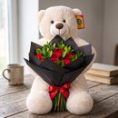 ursinho 80cm com buque de 12 rosas vermelhas