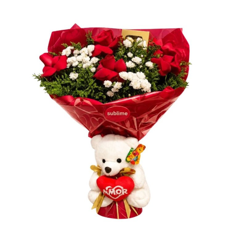 Doce Encanto 6 Rosas, Ferrero Rocher e  Mini Urso