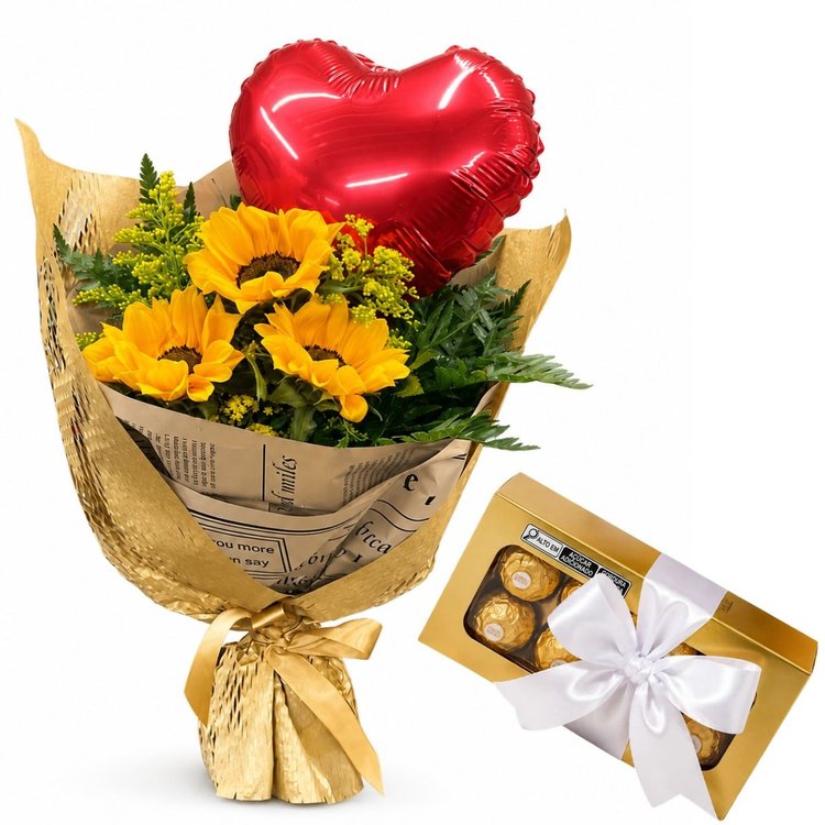 Ramalhete 3 Mini Girassóis  Balão M e Ferrero Rocher