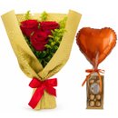 Buquê Gesto De Amor 3 Rosas Vermelhas Ferrero & Balão