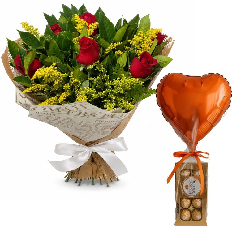 Buquê Com 6 Rosas Vermelhas  Ferrero & Balão