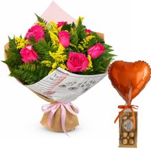 Buquê Com 6 Rosas Pink e Ferrero & Balão