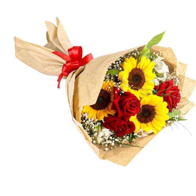 Buquê com 3 Rosas Vermelhas e 3 Girassóis