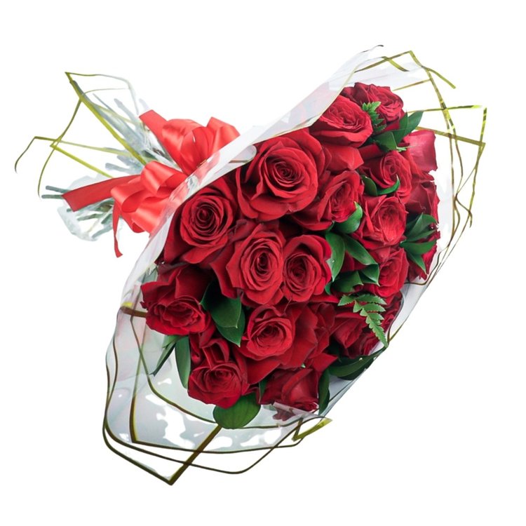 Buquê de 20 Rosas Vermelhas e Folhagens