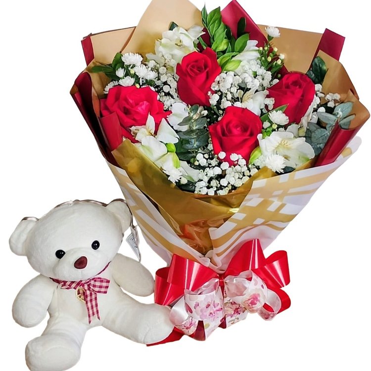 Buquê Rosas e Ursinho