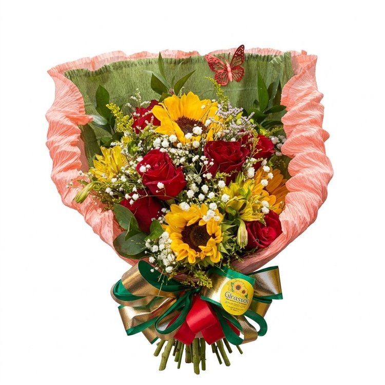Buquê Girassol e Rosas Radiantes