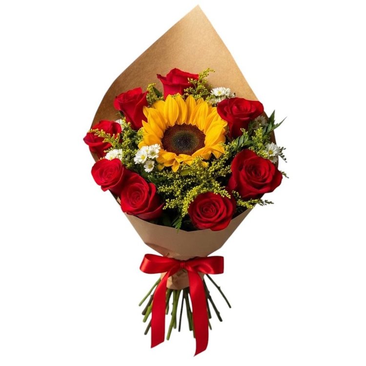 Buquê Rosas Vermelhas Com Único Girassol