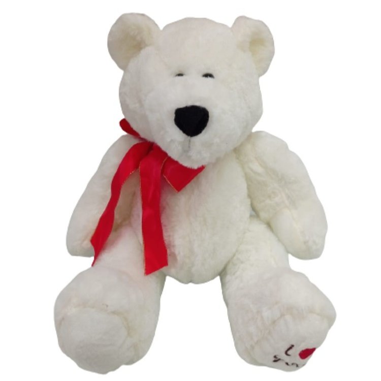 Urso Branco Com Laço Vermelho 40cm