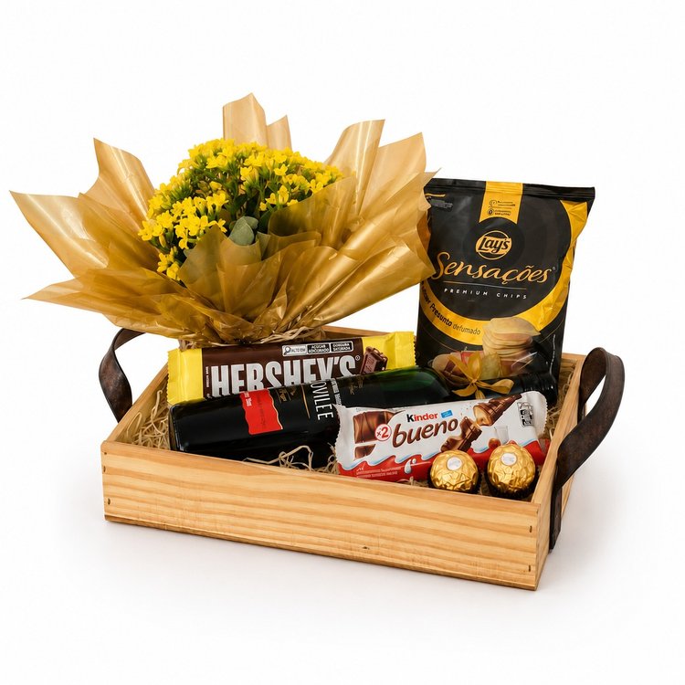 Cesta Com Vinho Chocolates E Flor