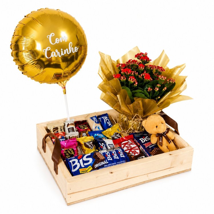 Cesta com Chocolates, Flor & Pelúcia