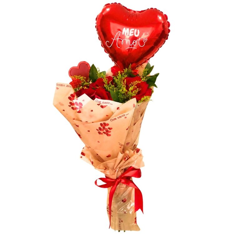 Buquê com 5 Rosas, Balão de Coração e Pick Decorativo