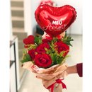Buquê com 5 Rosas, Balão de Coração e Pick Decorativo