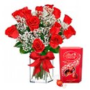 Vaso 12 Luxuosas Rosas Exportação e Box Lindt