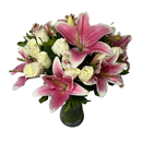 Vaso de Rosas Brancas com Lirios cor de Rosa
