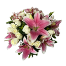 Vaso de Rosas Brancas com Lirios cor de Rosa