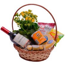 Cesta de Vinho com Flores Pequena