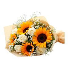 Buquê de Rosas Brancas e Girassóis