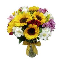 Vaso com Girassóis e Astromélias Coloridas