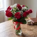 Buquê 12 Rosas No Vaso De Vidro 