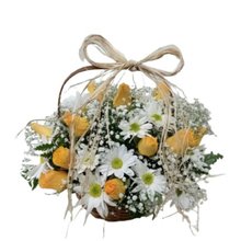 Cestinha 12 Rosas Amarelas Margaridinhas Brancas