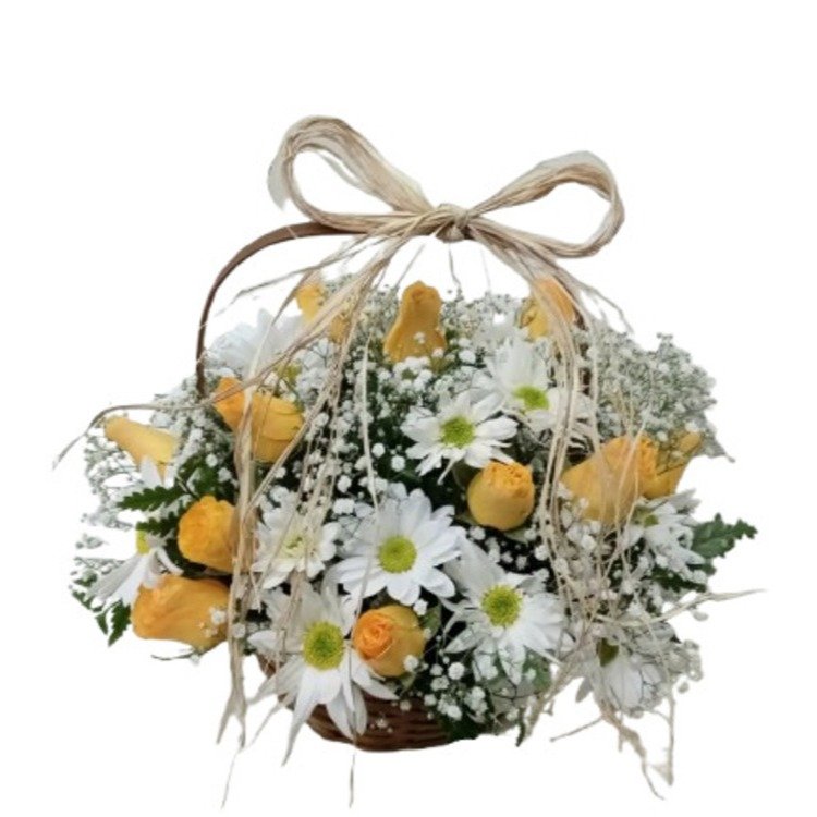 Cestinha 12 Rosas Amarelas Margaridinhas Brancas