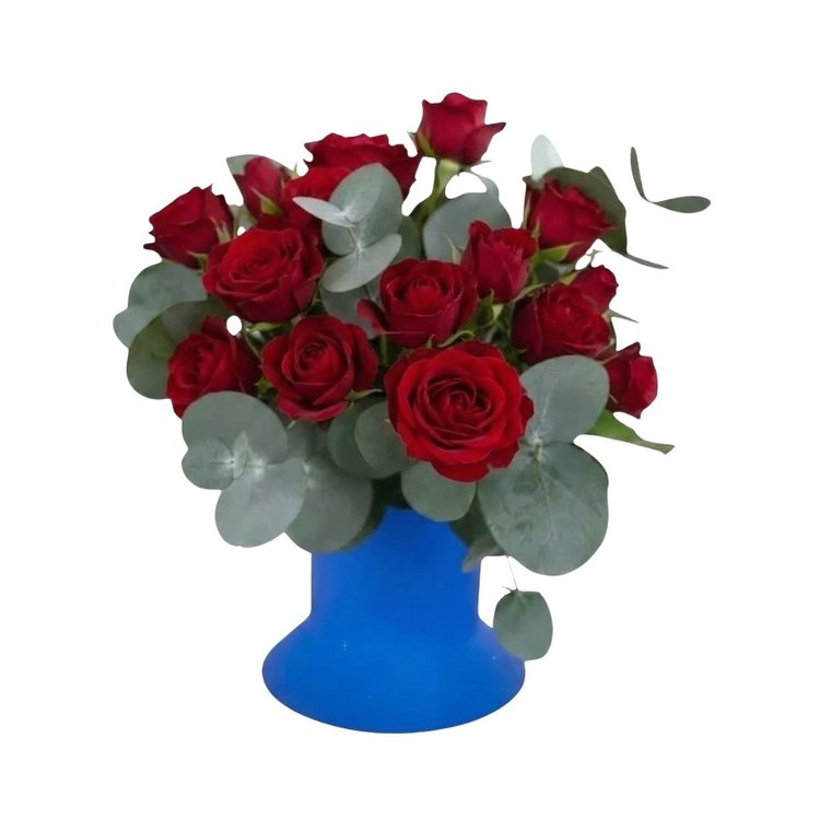 Arranjo de Rosas Spray Vermelhas no Vaso Azul