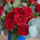 Arranjo de Rosas Spray Vermelhas no Vaso Azul 