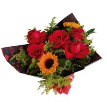 Buquê Girassol com Rosas Vermelhas
