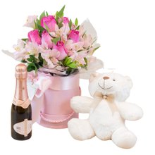 Kit Rosas, Astromélias, Chandon e Urso Fofo