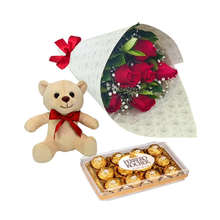 Elegante Buquê De 6 Rosas Com Pelúcia & Ferrero