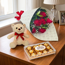 Elegante Buquê De 6 Rosas Com Pelúcia & Ferrero