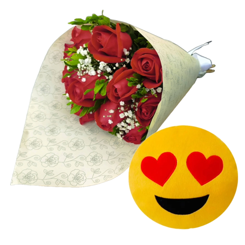Apaixonante Buquê de 12 Rosas Vermelhas e Emoji
