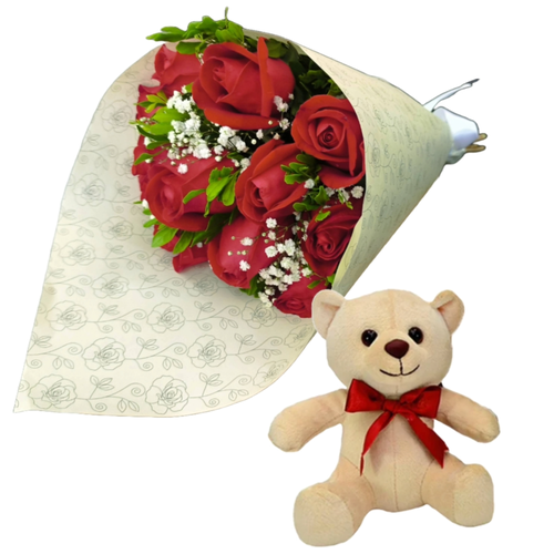 Apaixonante Buquê De 12 Rosas Vermelhas e Pelúcia